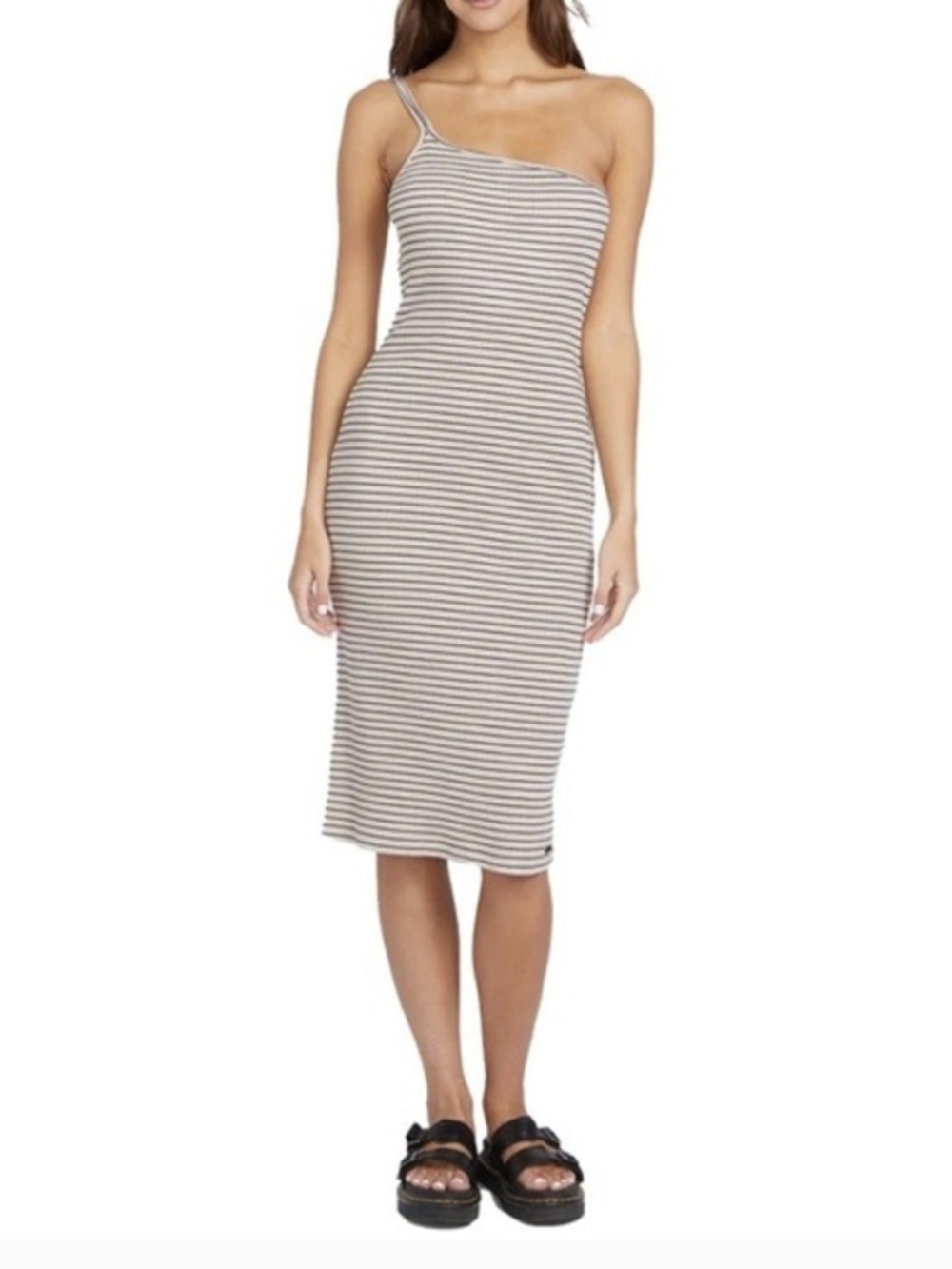 NWOT Volcom One-Shoulder Striped Midi Dress - Tan&Black